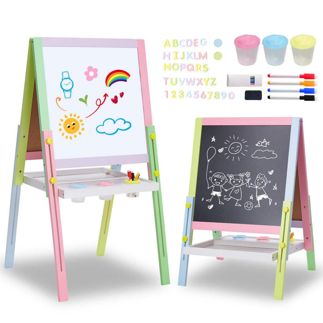 Woodenland Easel for Kids, Double-Sided Wooden Art Easel with Magnetic Whiteboard & Chalkboard, Foldable Kids Easel，Adjustable Height, and Accessories for Boys and Girls