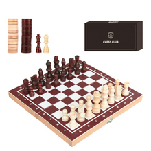 Load image into Gallery viewer, Woodenland Wooden Chess Checker Set for Adults and Kids with Travel Folding Board, (3 in 1) Including Backgammon Pieces, Chess Pieces, 2 Dices, 1 Storage Bag and 12” x 12” Classic Chess Board
