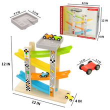 Load image into Gallery viewer, Woodenland Wooden Car Ramp Toy, Toddler Toys Race Track with 4 Rainbow Track and 4 Mini Cars, Boys and Girls for 3 4 5 Years Old
